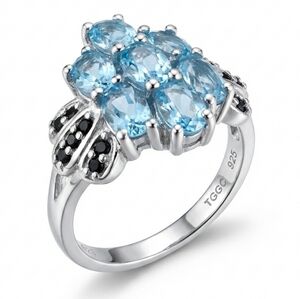TGGC Sterling Silver Sky Blue Topaz & Black Spinel Cluster Ring Sz. 8
